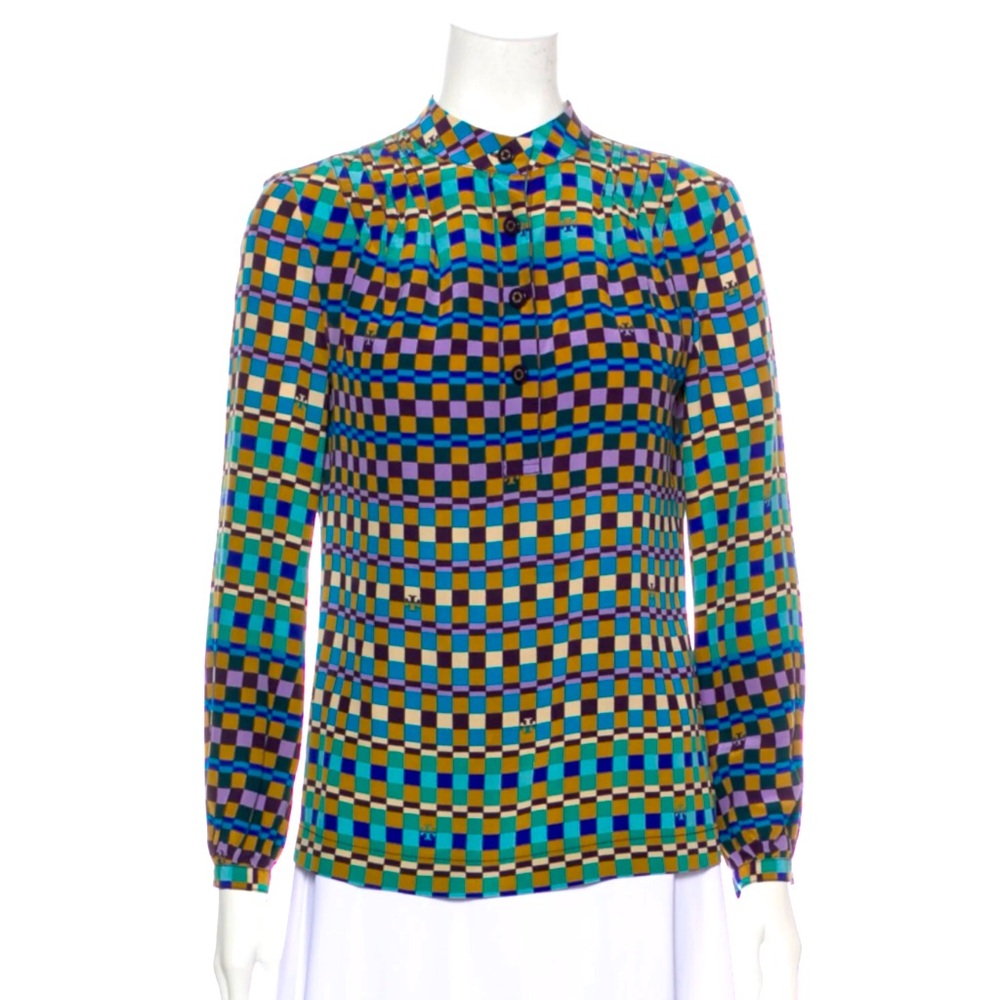 Tory Burch Size 4 Purple Blue Tan Gingham Logo Silk Henley Blouse Top